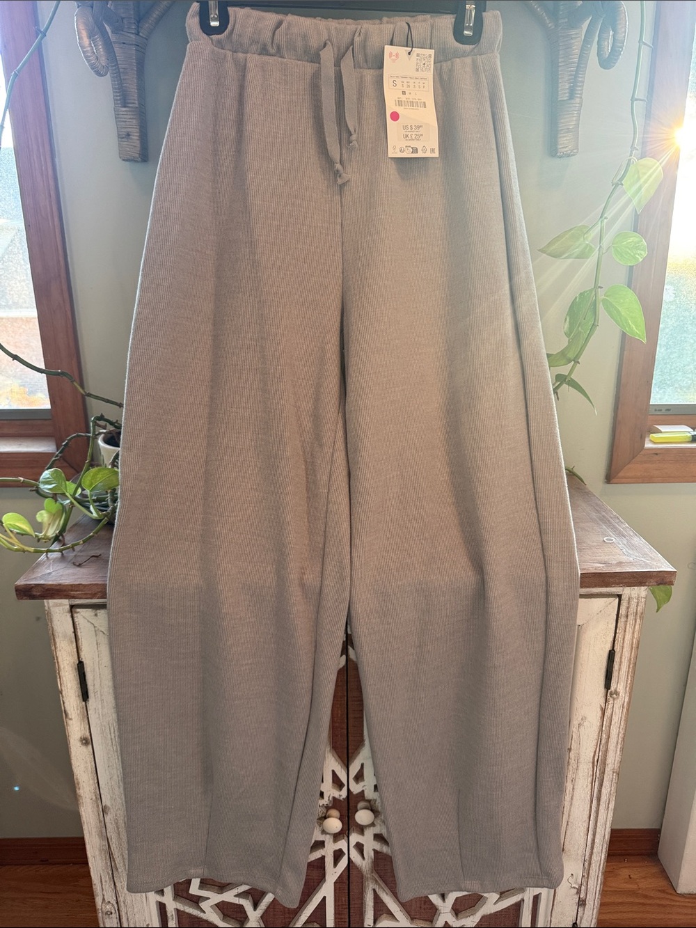 Zara Wide-Leg Drawstring Pants in Light Gray